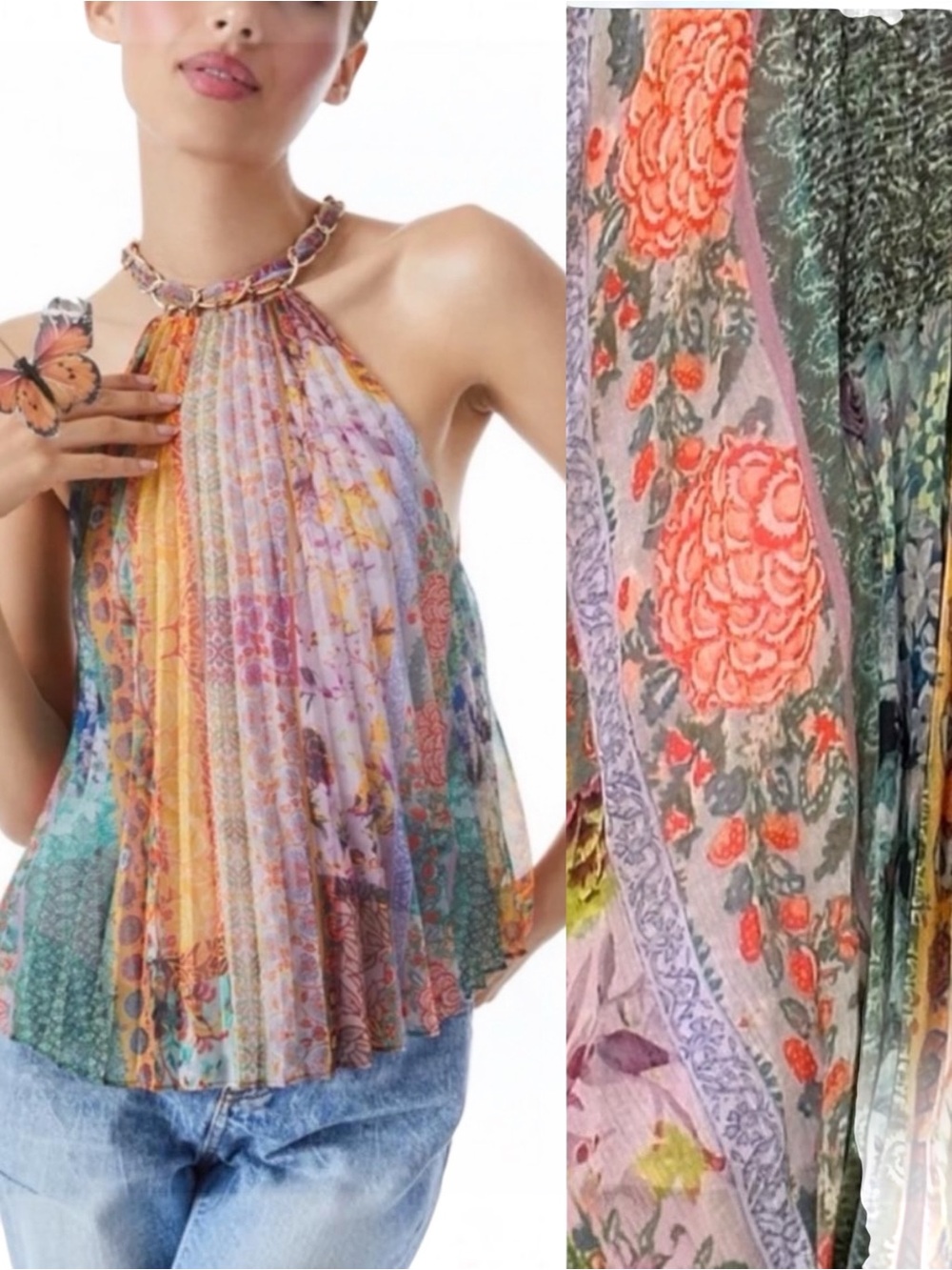 Alice + Olivia Alycia Chain Collar Pleated Multicolor Floral Halter Top M